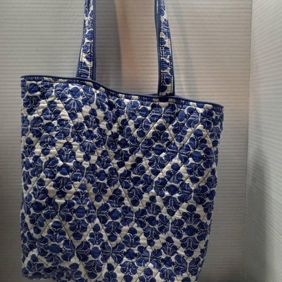 Vera Bradley Cobalt Tile Quilted Floral Tote Handbag Purplish Blue White Purse - Picture 4 of 14